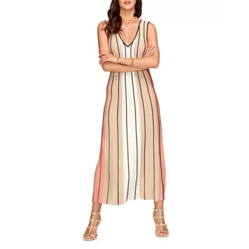 Ramy Brook Monet Sleeveless Knit Midi Dress XS Coral Stripe Colorblock V Neck